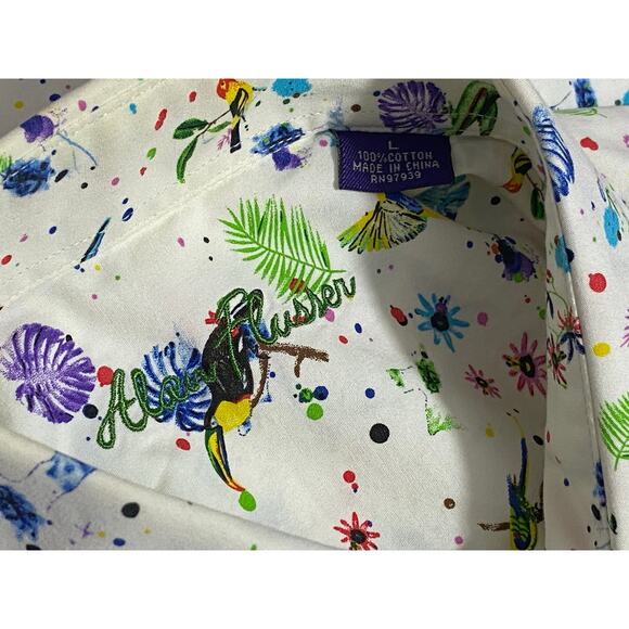 Alan Flusser Button-Up Shirt Men’s Size Large Short Sleeve Bird Print Cotton - Picture 5 of 8